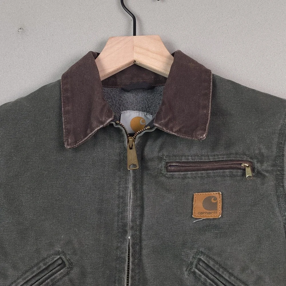Carhartt Detroit Jacket Kids 6/7 Green Blanket Lined Chore Coat Brown Collar Y2K